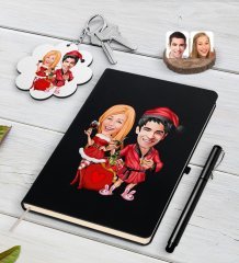 Kişiye Özel Yeni Yıl Sevgililer Karikatürlü Siyah Defter Kalem ve Anahtarlık Hediye Seti-5