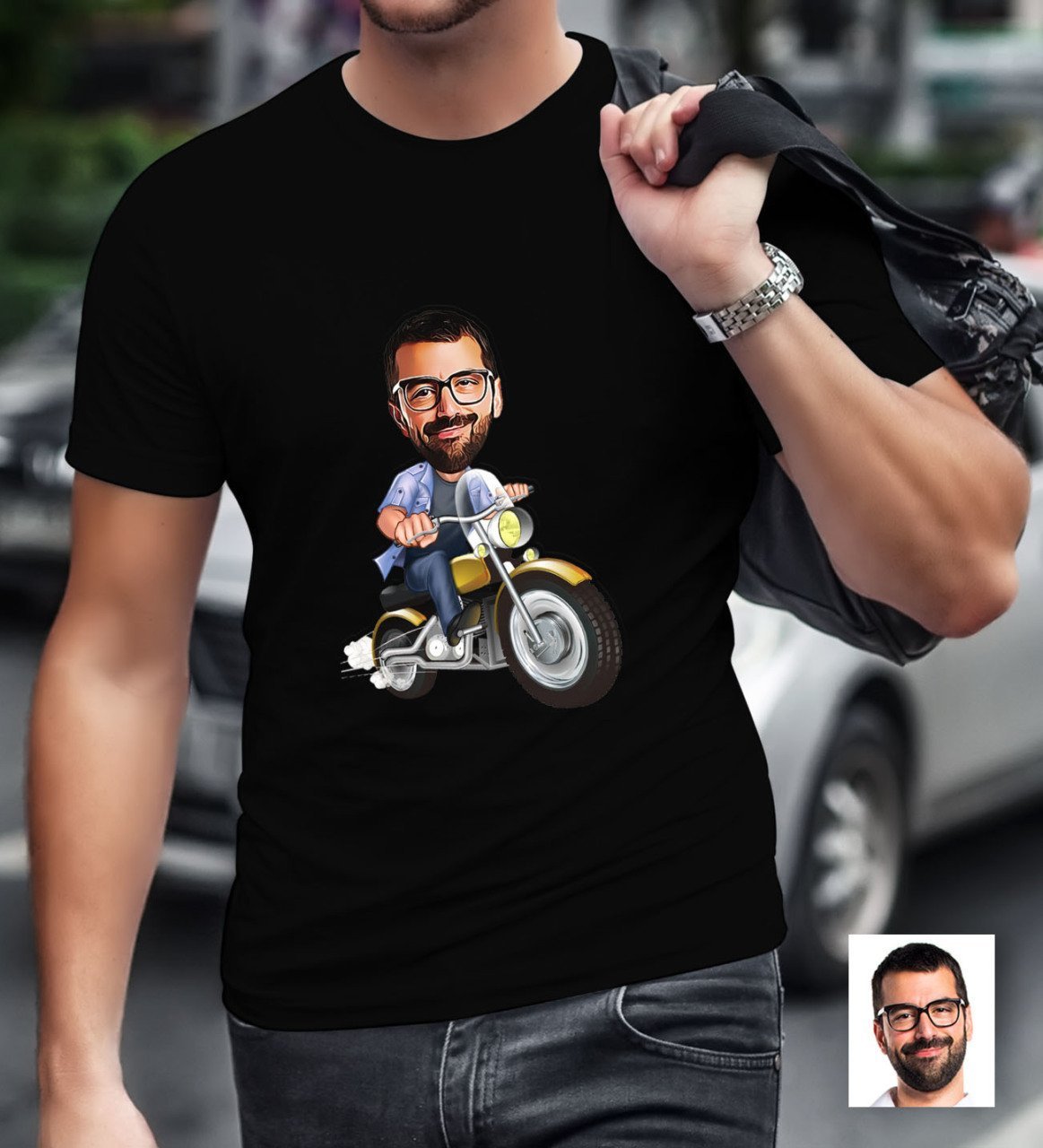 Kişiye Özel Bay Motorcu Karikatürlü Siyah T-Shirt