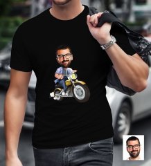 Kişiye Özel Bay Motorcu Karikatürlü Siyah T-Shirt