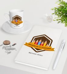 Kişiye Özel Dünyanın En İyi Öğretmeni Beyaz Defter Kalem Türk Kahvesi Fincanı Seti-21