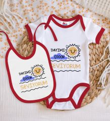 BK Kids Dayımı Çok Seviyorum Tasarımlı Kırmızı Bebek Body Zıbın ve Mama Önlüğü Hediye Seti-1