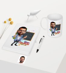 Kişiye Özel Bay Kimya Öğretmeni Temalı Karikatürlü Beyaz Defter Kalem Kupa Seti - 1