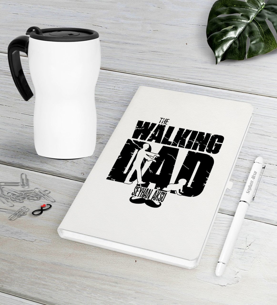 Kişiye Özel The Walking Dad Beyaz Defter Kalem Termos Mug Seti-2