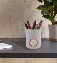 BK Gift Kişiye Özel Çiçek Tasarımlı Beyaz Akrilik Kalemlik - Model 12
