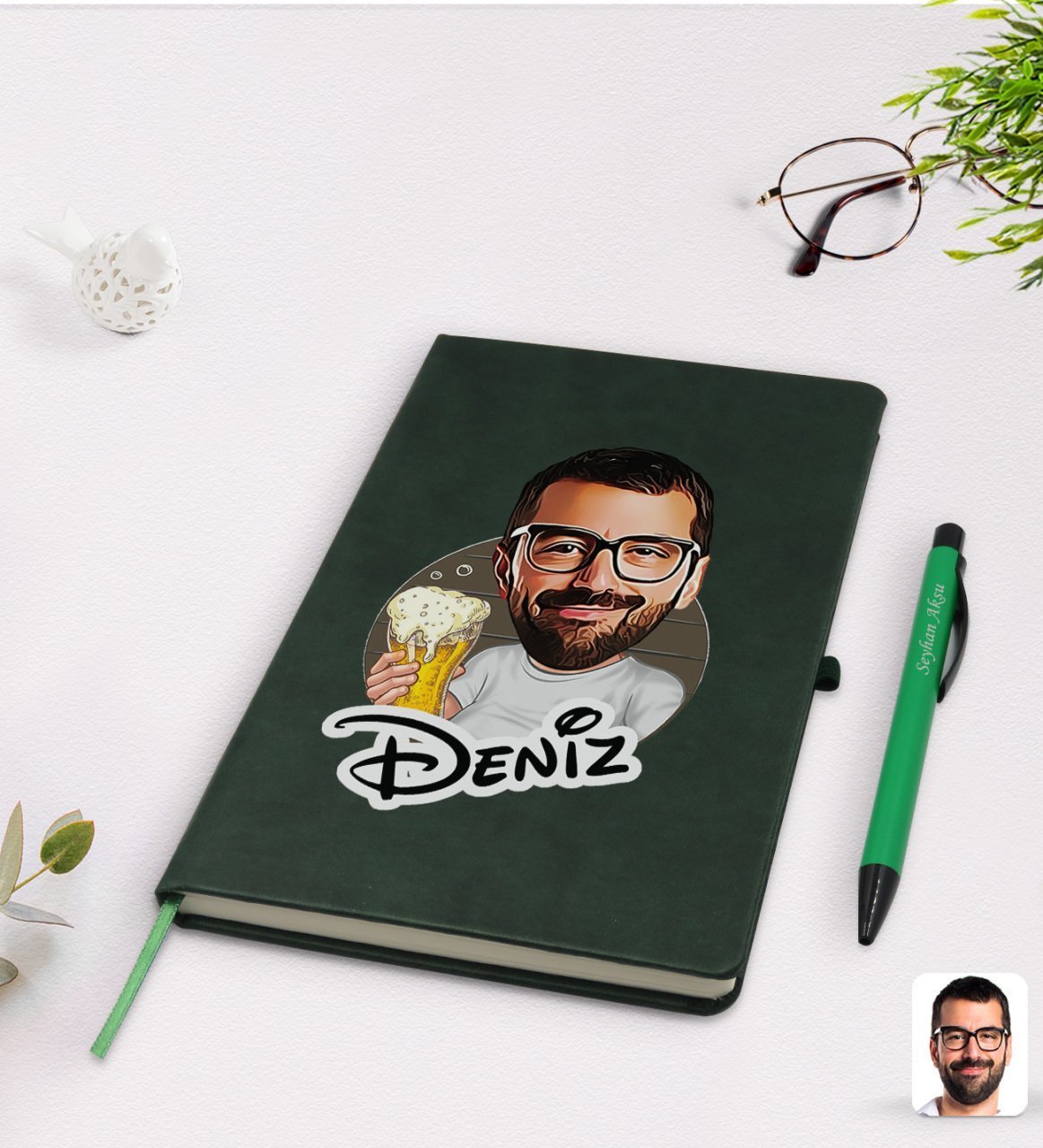 Kişiye Özel Erkek Karikatürlü Yeşil Termo Deri Defter Kalem Seti Model 51