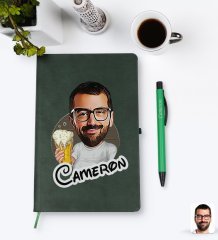 Kişiye Özel Erkek Karikatürlü Yeşil Termo Deri Defter Kalem Seti Model 51