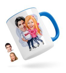 Kişiye Özel Sevgililer Karikatürlü Mavi Kupa Bardak-5