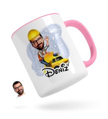 Kişiye Özel Erkek Yol Mühendisi Karikatürlü Pembe Kupa Bardak-1