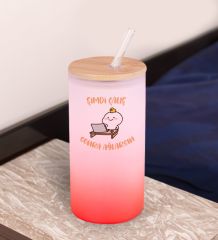 BK Gift Esprili Tasarım Kırmızı Renk Pipetli Buzlu Cam Bardak 600ml - 5, Arkadaşa Hediye, Doğum Günü Hediyesi