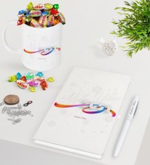 BK Gift Kişiye Özel 2023 Mutlu Yıllar Beyaz Defter Kalem Kupa ve Haribo Şeker Hediye Seti-4