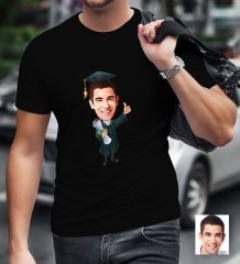 Kişiye Özel Bay Mezun Karikatürlü Siyah T-Shirt
