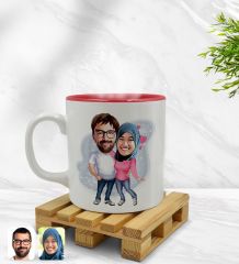 Kişiye Özel Sevgililer Karikatürlü İçi Kırmızı Renkli Kupa Bardak Model 58