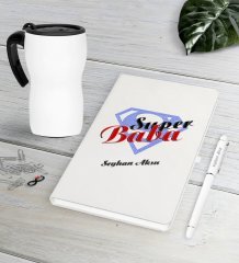 Kişiye Özel Süper Baba Beyaz Defter Kalem Termos Mug Seti-5