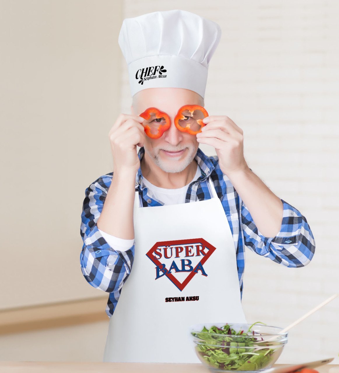 Kişiye Özel Süper Baba Erkek Mutfak Önlüğü ve Aşçı Şapkası Seti-3