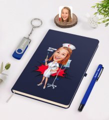 Kişiye Özel Hemşire Karikatürlü Lacivert Defter Kalem 32gb USB Bellek Hediye Seti-2