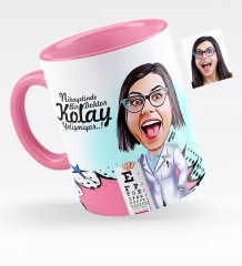 Kişiye Özel Bayan Göz Doktoru Karikatürlü Pembe Kupa Bardak - 1