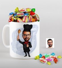 Kişiye Özel Bay Master Chef Karikatürlü Kupa ve Haribo Fruitbons Şeker Hediye Seti-1