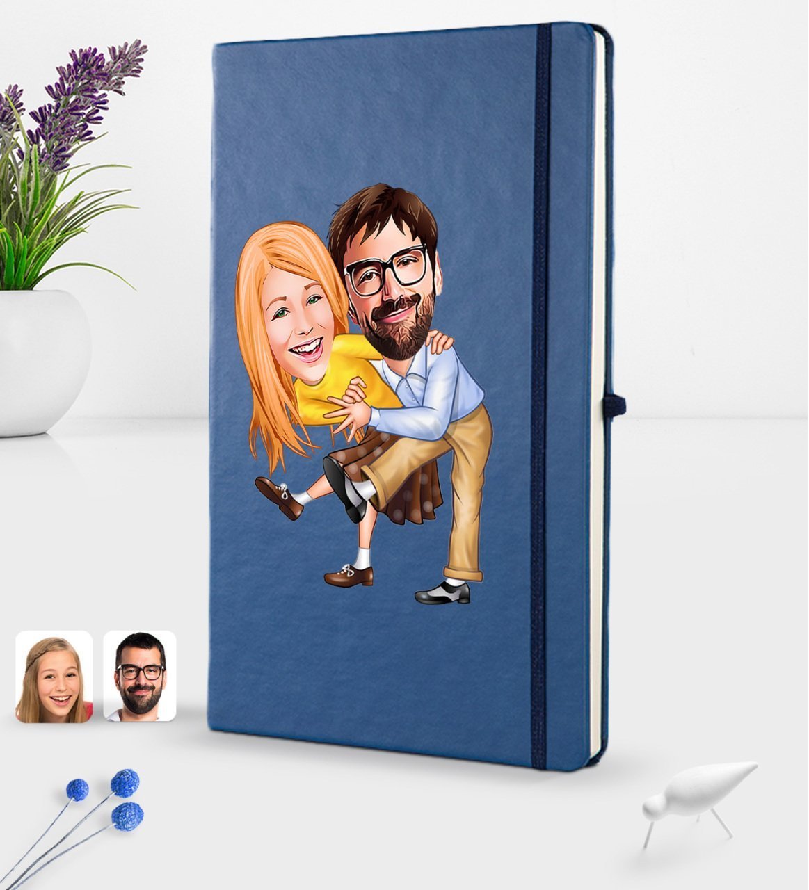 Kişiye Özel Sevgililer Karikatürlü Karikatürlü Lacivert Termo Deri Defter 16x24cm Model 102