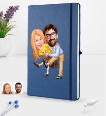 Kişiye Özel Sevgililer Karikatürlü Karikatürlü Lacivert Termo Deri Defter 16x24cm Model 102