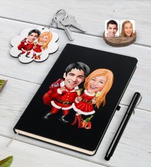 Kişiye Özel Yeni Yıl Sevgililer Karikatürlü Siyah Defter Kalem ve Anahtarlık Hediye Seti-3