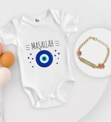 BK Kids Kişiye Özel Maşallah Tasarımlı Beyaz Bebek Body Zıbın ve Kız Bebek Künyesi Hediye Seti-1