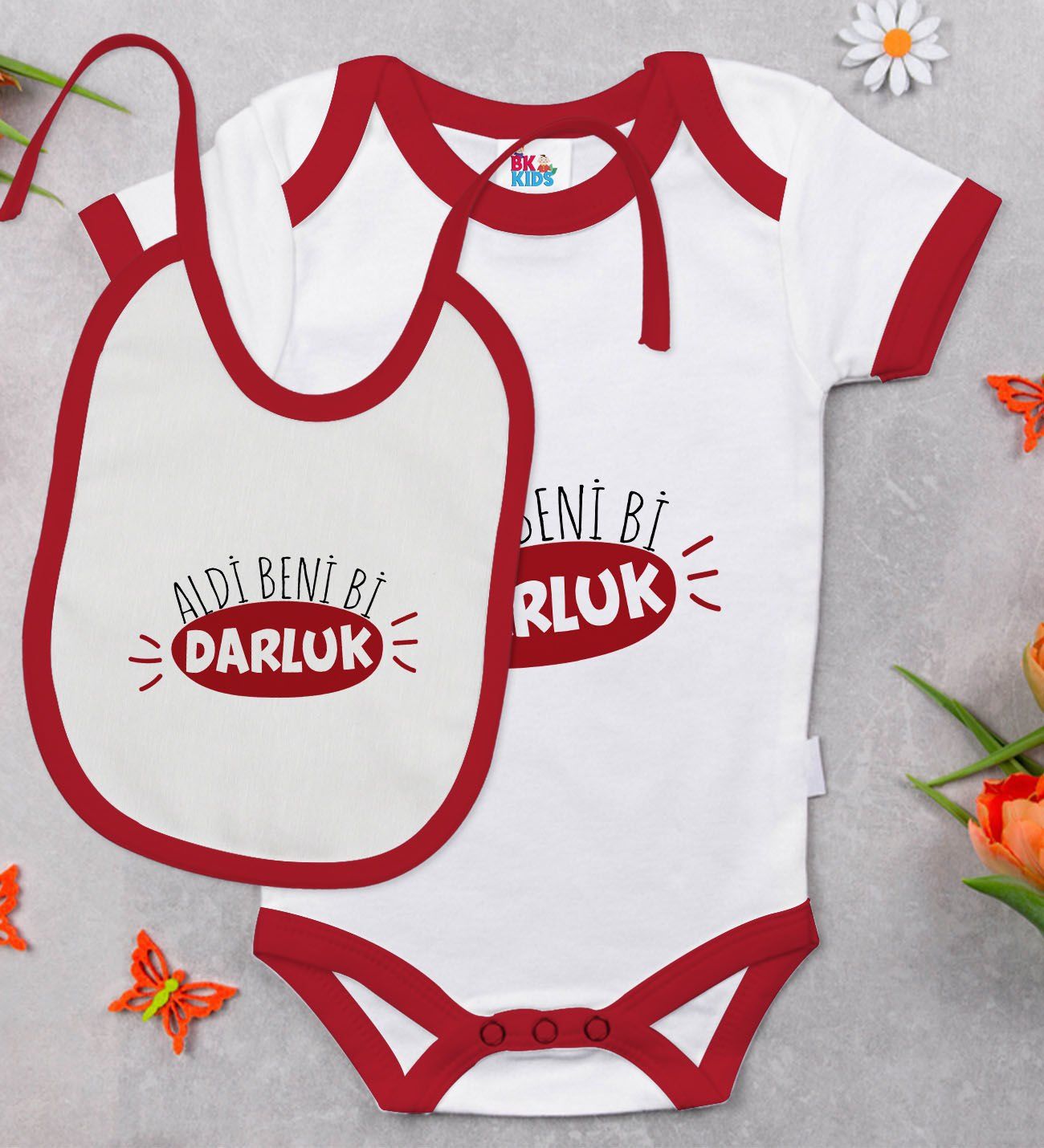 BK Kids Darluk Tasarımlı Kırmızı Bebek Body Zıbın ve Mama Önlüğü Hediye Seti-1