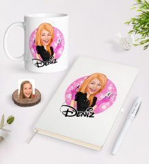 Kişiye Özel Kadın Güzellik Uzmanı Karikatürlü Beyaz Defter Kalem ve Kupa Seti-3