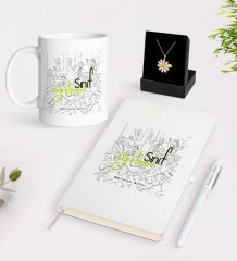 Kişiye Özel Sınıf Öğretmeni Beyaz Kupa Defter Kalem ve İsimli Papatya Kolye Hediye Seti-4
