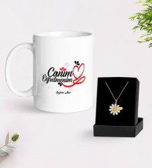 Kişiye Özel Canım Öğretmenim Beyaz Kupa ve Papatya Kolye Hediye Seti-1