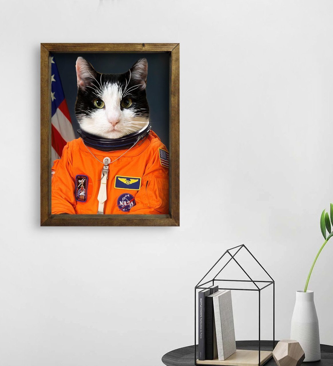 Evcil Dostlara Özel Astronot Tasarımlı Portre Doğal Masif Ahşap Çerçeveli Tablo 45x65cm-2