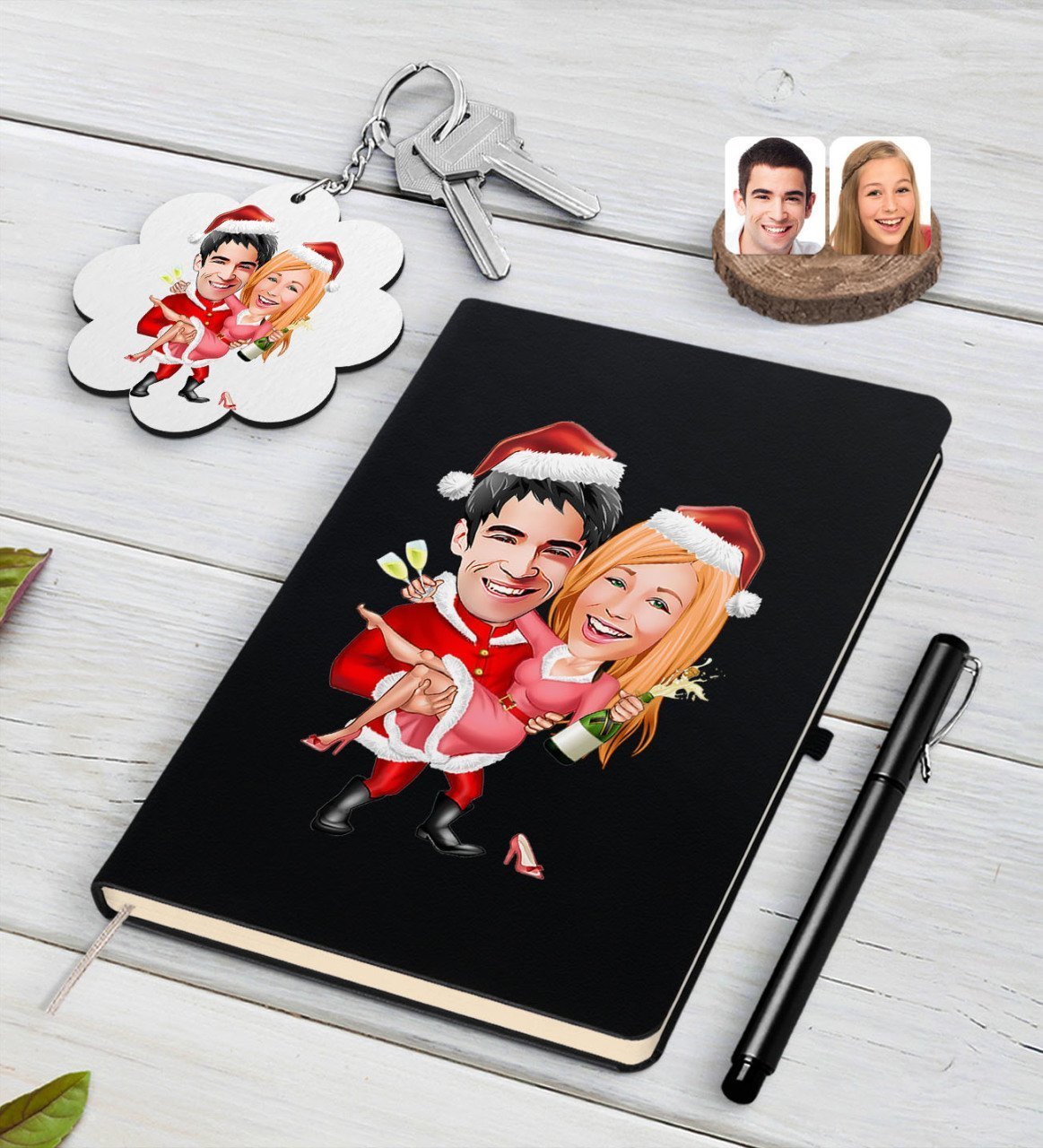 Kişiye Özel Yeni Yıl Sevgililer Karikatürlü Siyah Defter Kalem ve Anahtarlık Hediye Seti-2
