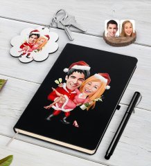 Kişiye Özel Yeni Yıl Sevgililer Karikatürlü Siyah Defter Kalem ve Anahtarlık Hediye Seti-2