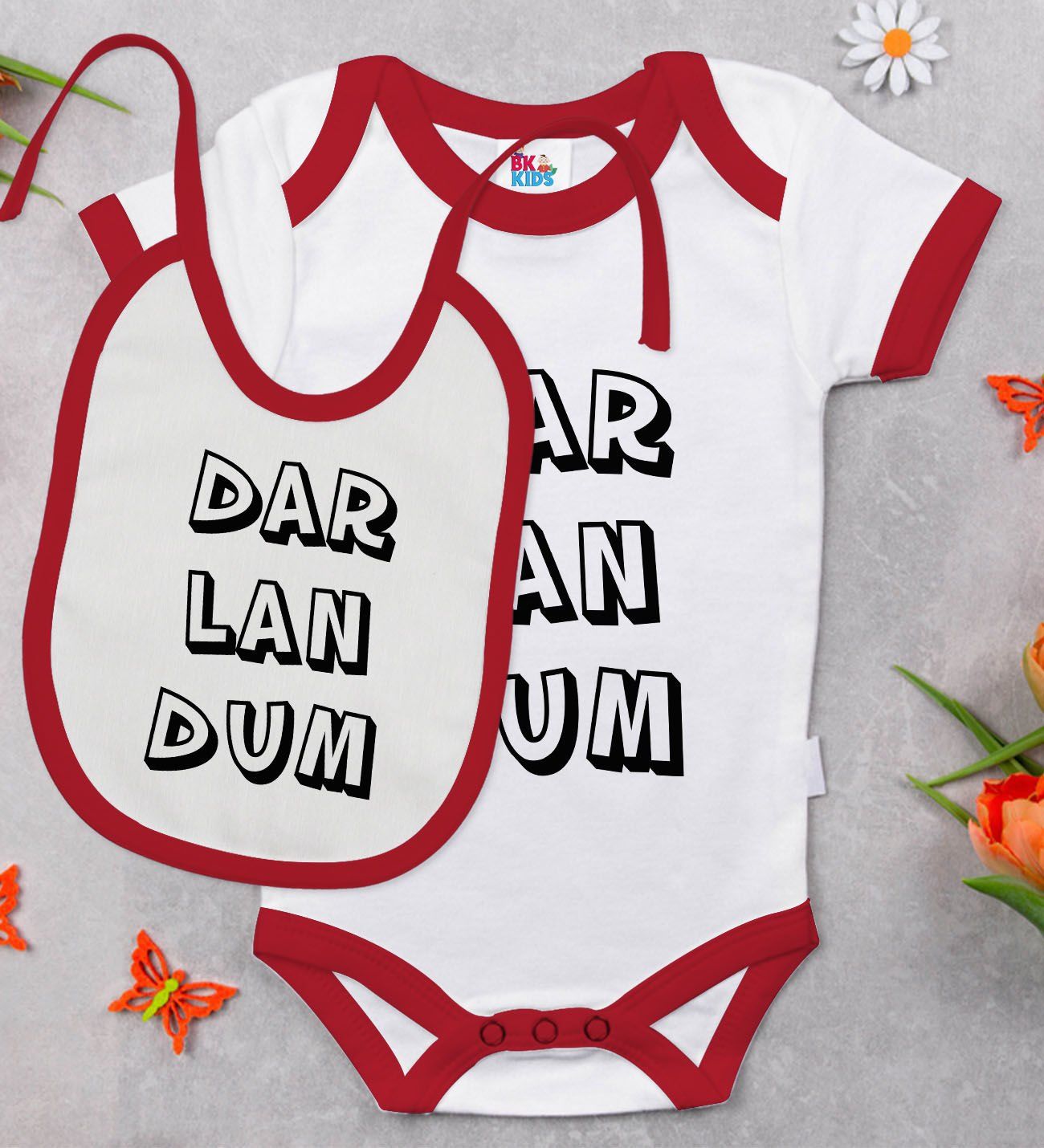 BK Kids Darlandum Tasarımlı Kırmızı Bebek Body Zıbın ve Mama Önlüğü Hediye Seti-2