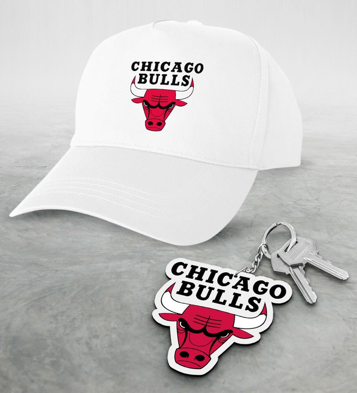 NBA Chicago Bulls Beyaz Şapka ve Ahşap Anahtarlık Seti