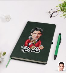 Kişiye Özel Erkek Patron Karikatürlü Yeşil Termo Deri Defter Kalem Seti Model 2