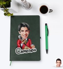 Kişiye Özel Erkek Patron Karikatürlü Yeşil Termo Deri Defter Kalem Seti Model 2