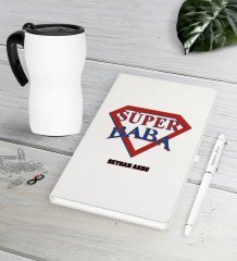 Kişiye Özel Süper Baba Beyaz Defter Kalem Termos Mug Seti-3