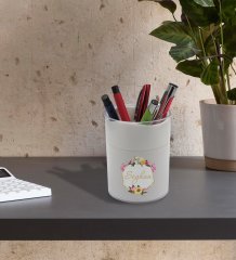 BK Gift Kişiye Özel Çiçek Tasarımlı Beyaz Akrilik Kalemlik - Model 9