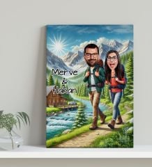 BK Gift Kişiye Özel Doğa Yürüyüşü Karikatürlü Kanvas Tablo-1 (30x50), Sevgiliye Hediye, Sevgililer Günü Hediyesi