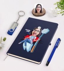 Kişiye Özel Kadın Diş Hekimi Karikatürlü Lacivert Defter Kalem 32gb USB Bellek Hediye Seti-4