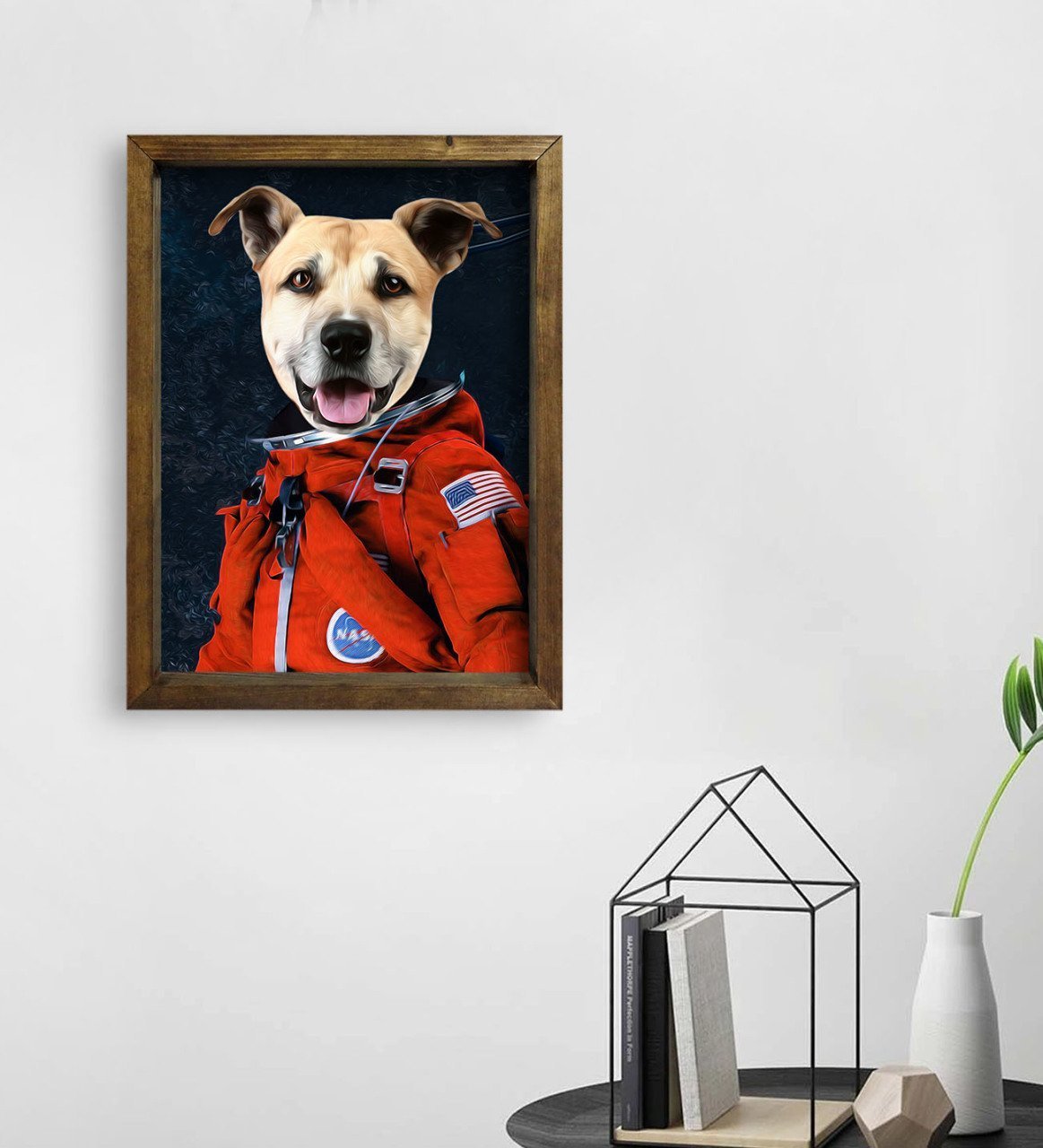 Evcil Dostlara Özel Astronot Tasarımlı Portre Doğal Masif Ahşap Çerçeveli Tablo 45x65cm-1
