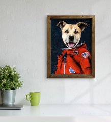 Evcil Dostlara Özel Astronot Tasarımlı Portre Doğal Masif Ahşap Çerçeveli Tablo 45x65cm-1