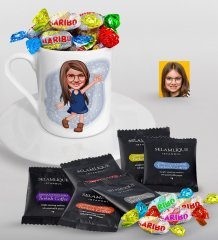 Kişiye Özel Kız Çocuk Karikatürlü Türk Kahvesi Fincanı Selamlique Karışık Türk Kahvesi ve Haribo Şeker Hediye Seti-4