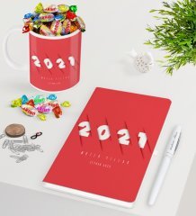 BK Gift Kişiye Özel 2023 Mutlu Yıllar Beyaz Defter Kalem Kupa ve Haribo Şeker Hediye Seti-1