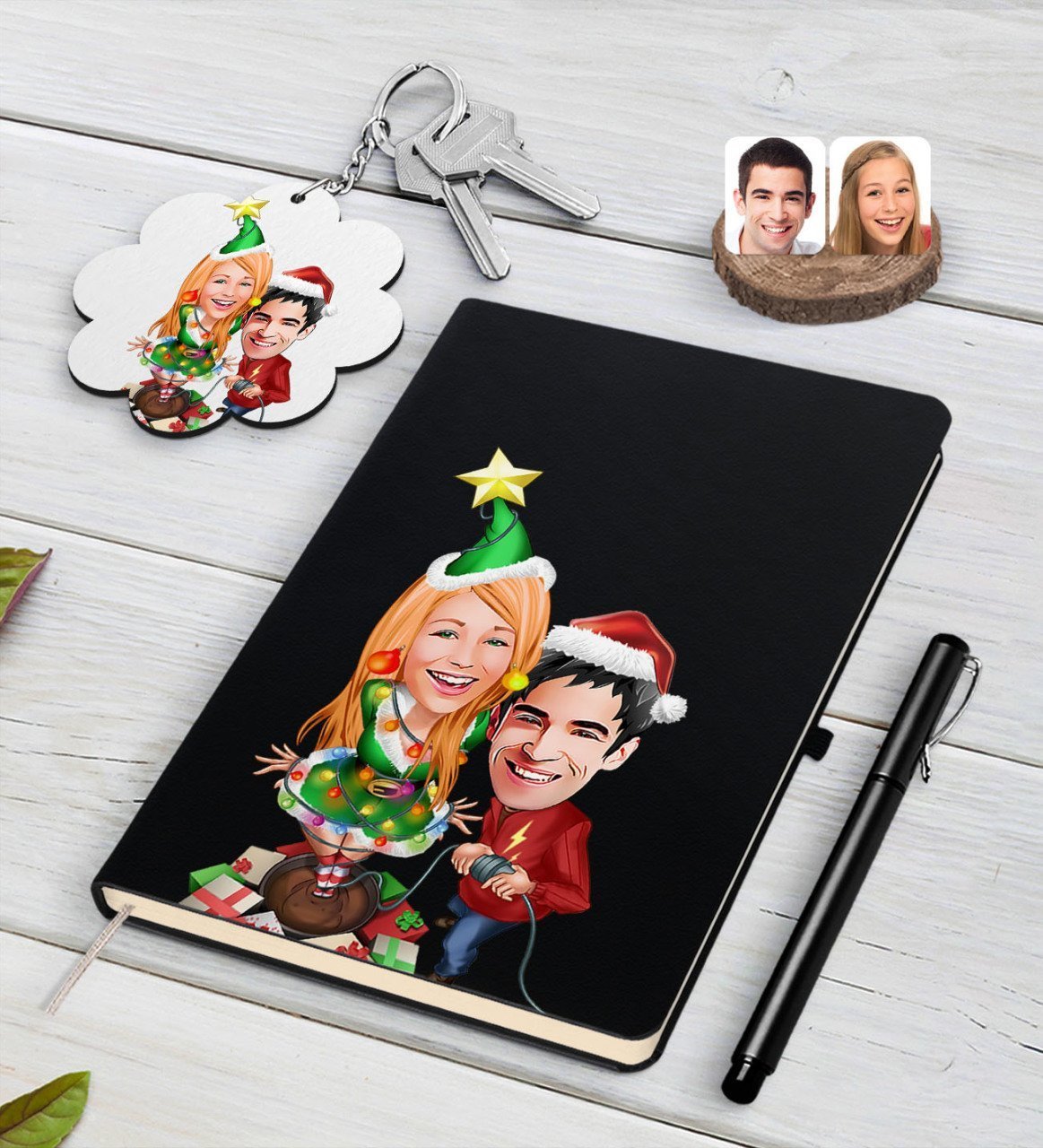 Kişiye Özel Yeni Yıl Sevgililer Karikatürlü Siyah Defter Kalem ve Anahtarlık Hediye Seti-1