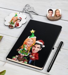 Kişiye Özel Yeni Yıl Sevgililer Karikatürlü Siyah Defter Kalem ve Anahtarlık Hediye Seti-1
