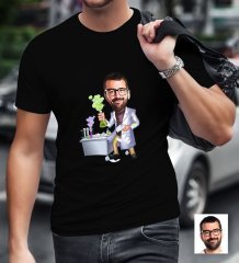 Kişiye Özel Bay Kimyager Karikatürlü Siyah T-Shirt-1