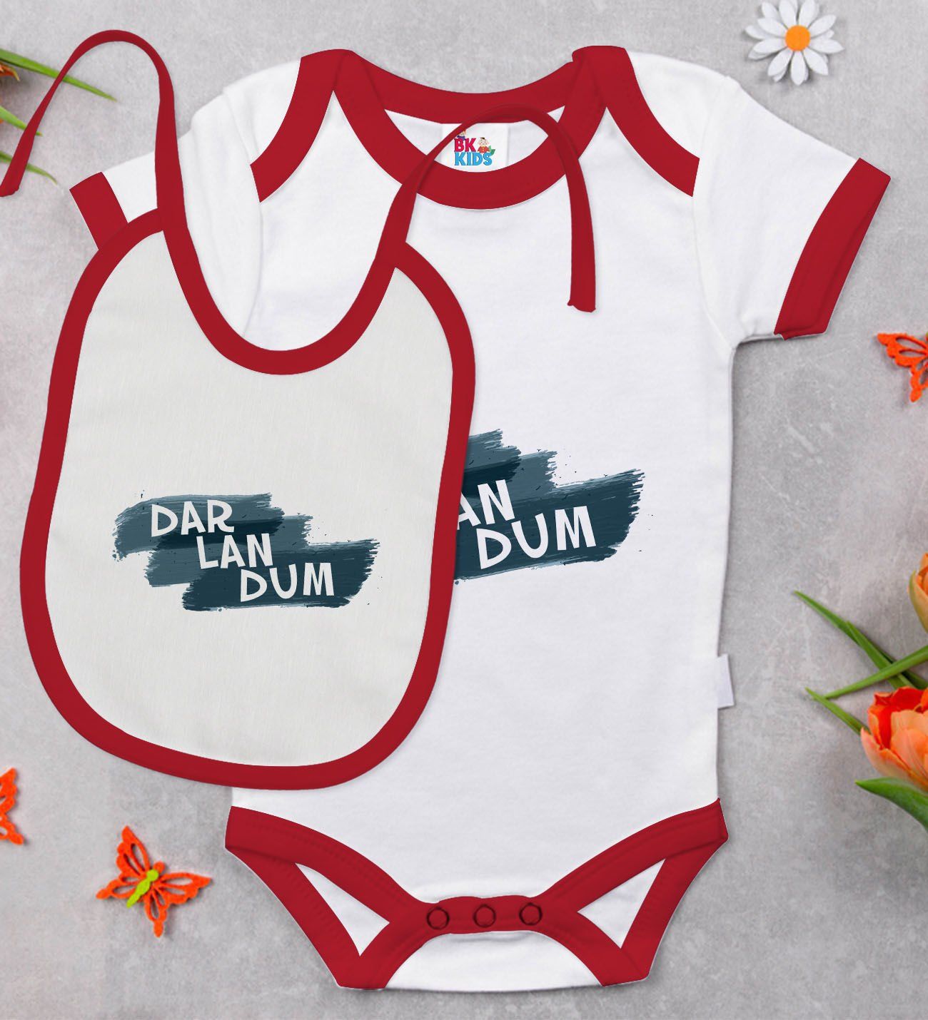 BK Kids Darlandum Tasarımlı Kırmızı Bebek Body Zıbın ve Mama Önlüğü Hediye Seti-1