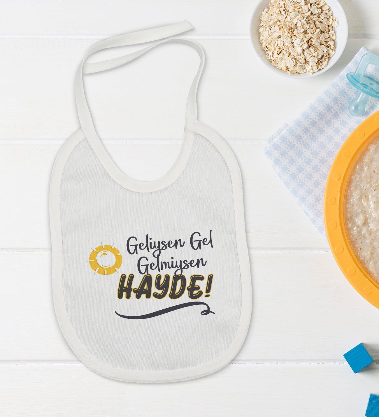 BK Kids Geliysen Gel Tasarımlı Beyaz Bebek Mama Önlüğü-1