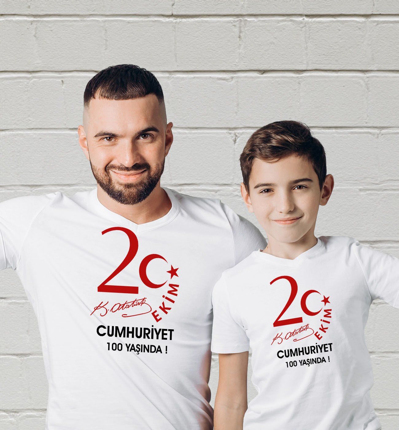 BK Gift 29 Ekim Tasarımlı 2’li Baba-Oğul Beyaz Tişört-4, 29 Ekim Hediyesi, Trend Tişört, 100.Yıl Hediyesi
